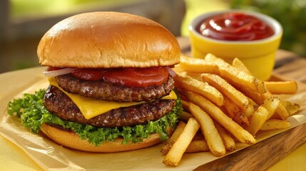 Delicious Burger with Crispy Fries on Wooden Board