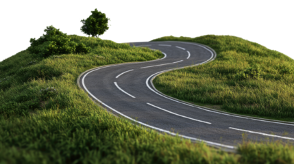 A car driving on an empty asphalt road surrounded by trees and grass under a clear sky
