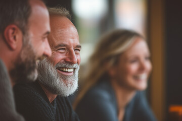 Fototapeta premium Group of colleagues engaging in a discussion during a business meeting in a conference room. Happy business people, men and women