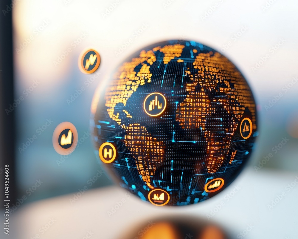 Aufkleber digital globe with data icons and glowing continents on a blurred background.