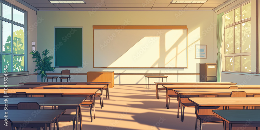 Poster empty classroom bathed in warm sunlight ready for studying