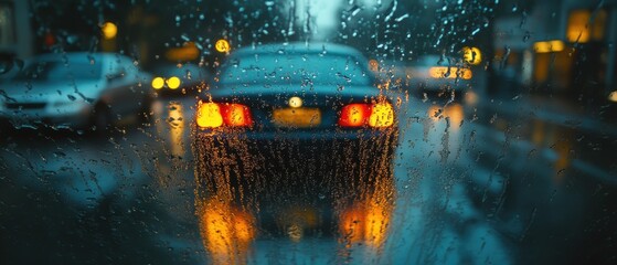 Gentle raindrops adorning a car window, creating a dreamy, soothing atmosphere, evoking tranquility and reflection during a rainy day