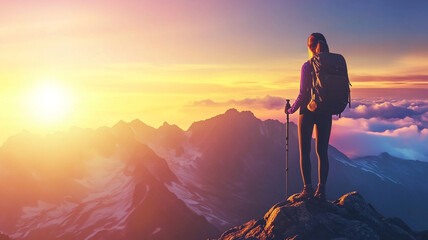 Obraz premium Hiking at sunrise on National Hiking Day with stunning mountain views and vibrant skies