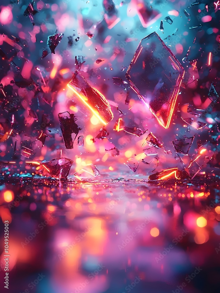 Poster Vibrant shards of glass reflecting neon lights in a dynamic explosion, creating a mesmerizing play of colors and textures, perfect for digital art and design projects.