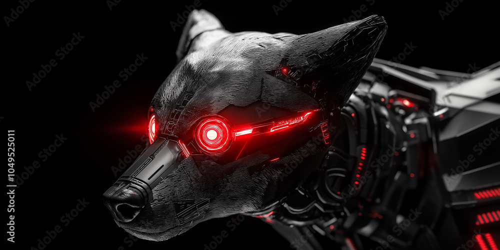 Poster robotic dog staring with glowing red eyes in futuristic setting