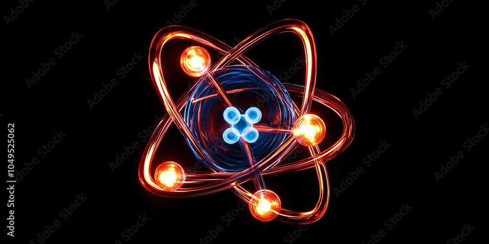 Poster atom orbiting electrons and nucleus rotating on black background