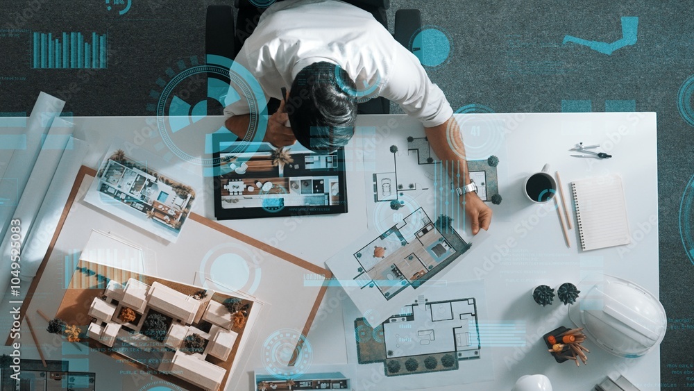 Poster top down view of civil engineer working on blueprint and inspect house model. aerial view of manager