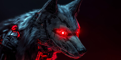 Cyberpunk wolf with glowing red eyes showing its teeth