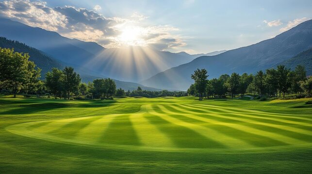Sunlit golf course with scenic mountains and vibrant green grass.