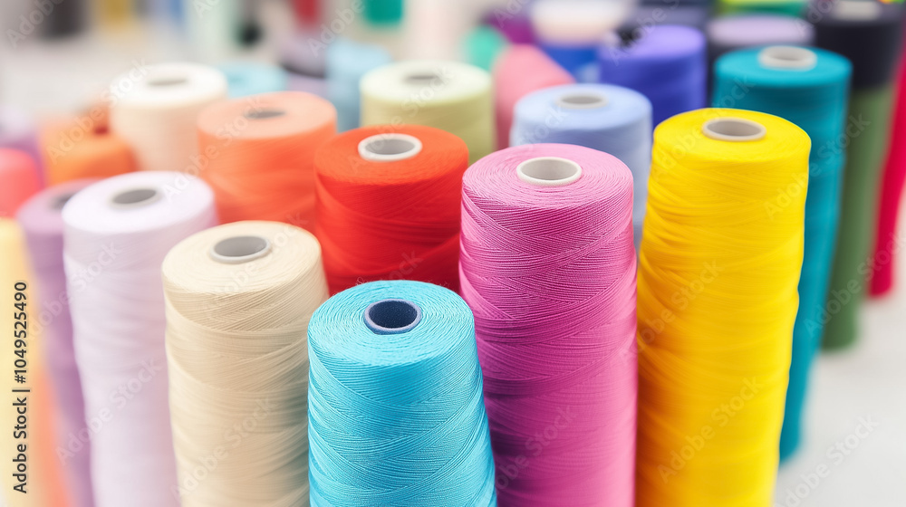Poster colorful spools of thread are displayed in a textile workshop, highlighting the art of fabric creati