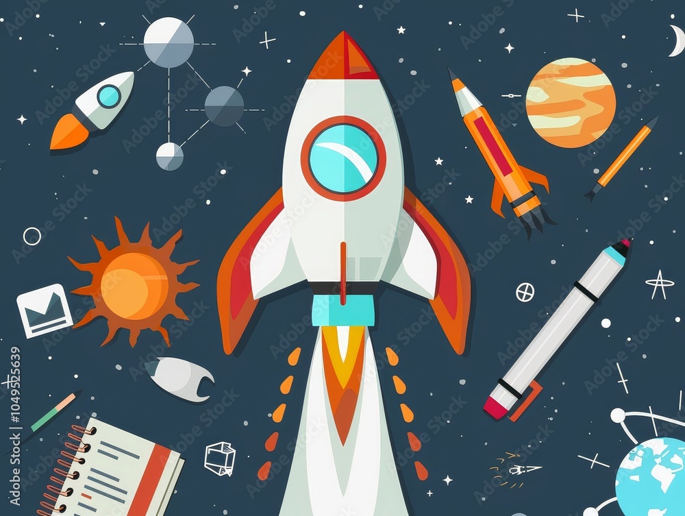 Wall mural rocket launch illustration with space objects and writing tools
