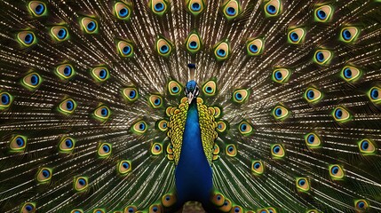 Obraz premium A majestic peacock proudly displays its iridescent tail feathers in a stunning fan pattern with each eye catching feather visible showcasing the bird's natural beauty and vibrant colors