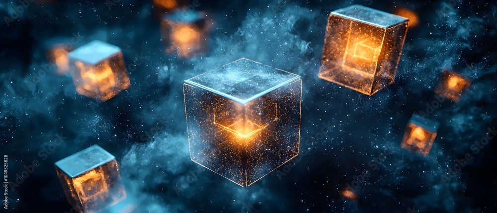 Poster abstract digital art featuring glowing cubes in space, surrounded by a cosmic backdrop of swirling c
