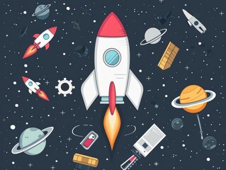 Rocket Launch in Space with Planets and Stars