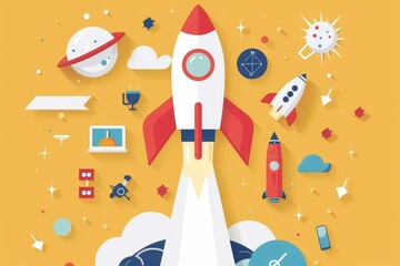 Fototapeta premium Rocket Launch Flat Design Illustration