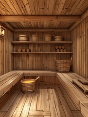 Inside a cozy wooden sauna, natural timber surrounds benches and shelves filled with wooden buckets and logs, inviting warmth and tranquility. Generative AI