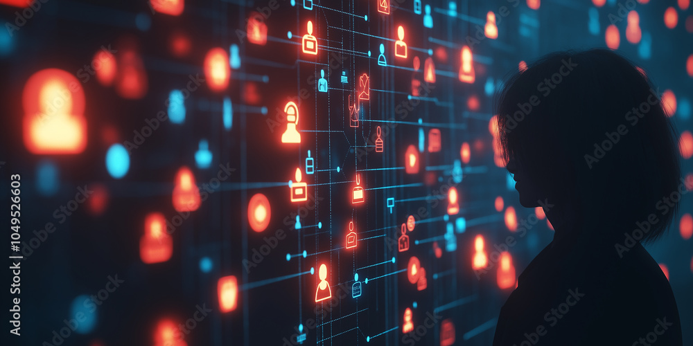 Aufkleber Programmer analyzing social network and user data on futuristic interface