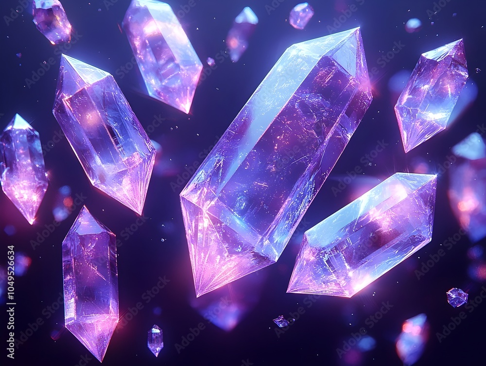 Poster a stunning array of luminous crystal shards floating against a deep purple backdrop, radiating vibra