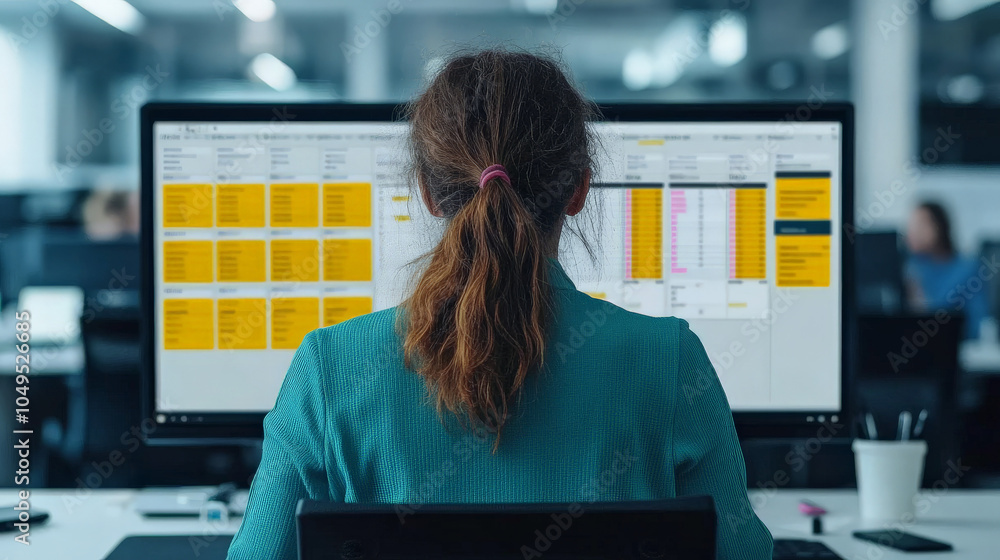 Poster project manager at work: focused view of a woman reviewing a project management software on a large 
