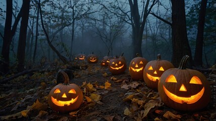 A spooky Halloween scene with carved pumpkins glowing at dusk, surrounded by dry leaves and fog in a dark, eerie forest 