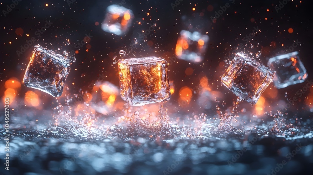 Poster a mesmerizing display of ice cubes splashing into water, creating a dynamic scene with vibrant orang