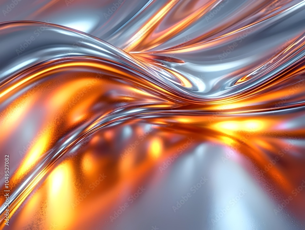 Aufkleber an abstract composition of flowing metallic waves in silver and orange hues, creating a dynamic and 