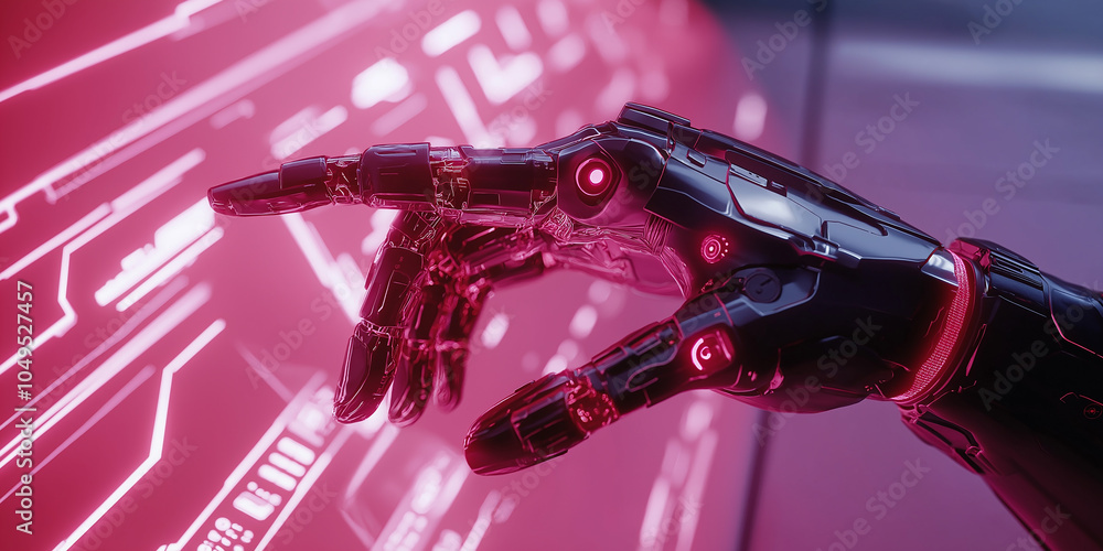 Poster robotic hand interacting with futuristic interface in pink light
