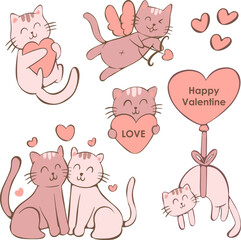Cute cats in love. Romantic Valentines Day set. Vector concept
