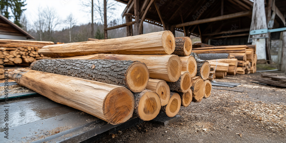 Poster Stack of freshly cut logs resting in lumberyard