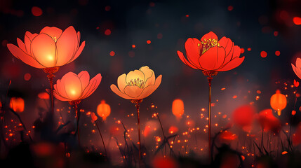 Glowing floral chinese lanterns illuminate the night. Chinese Lantern Festival. Illustration