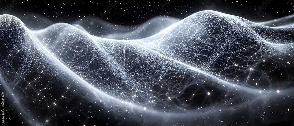 Poster a mesmerizing visualization of cosmic waves, featuring intricate, glowing patterns against a dark ba