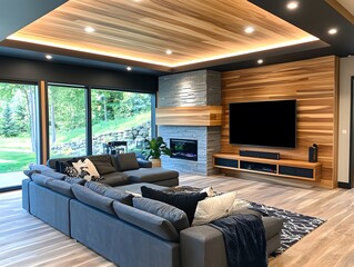 Fototapeta premium Modern Living Room with Large Sectional Sofa and Fireplace.