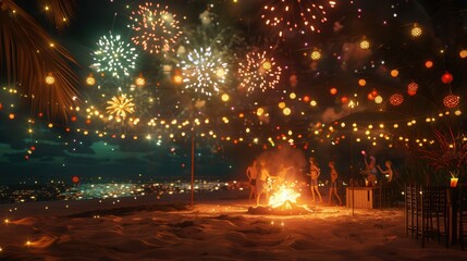 Obraz premium Brightly colored fireworks burst in the night sky while partygoers dance around a glowing bonfire on the beach. Generative AI