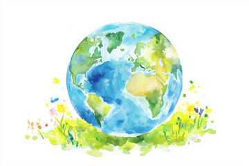 Watercolor Painting Of Planet Earth With Green Environment, World Earth Day Concept Illustration
