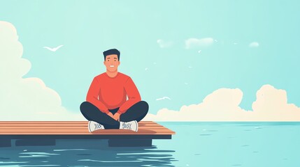 A young man sitting peacefully by the water, enjoying nature and tranquility.