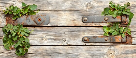 Fototapeta premium Rusted hinges and green leaves on weathered wooden planks.