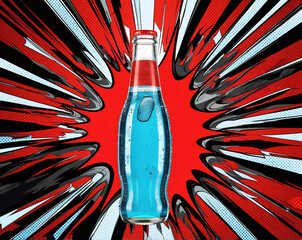 A vibrant and artistic representation of a fizzy beverage bottle on a dynamic, colorful background