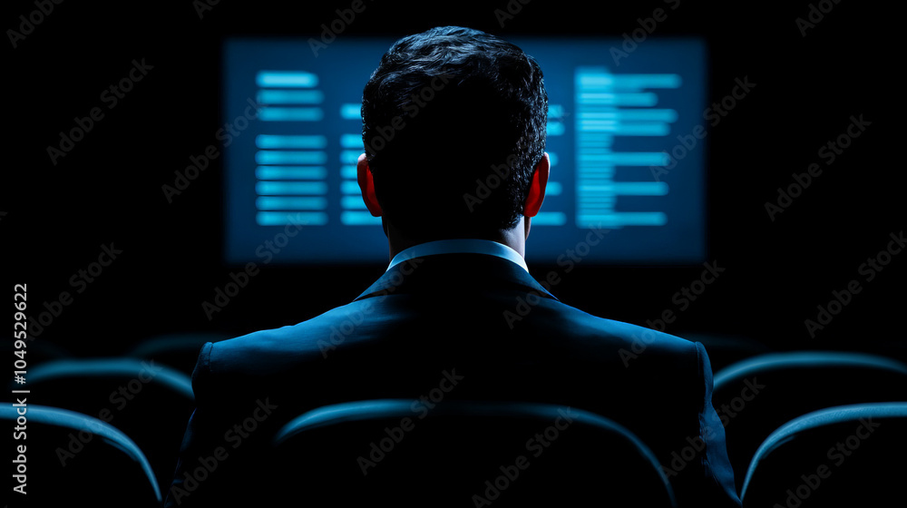 Poster solitary figure in the digital dark: a man sits alone in a dark theater, his back to the camera, int
