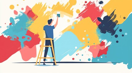 Artist painting on wall, vibrant colorful abstract art, creative process, using ladder and paint tools.