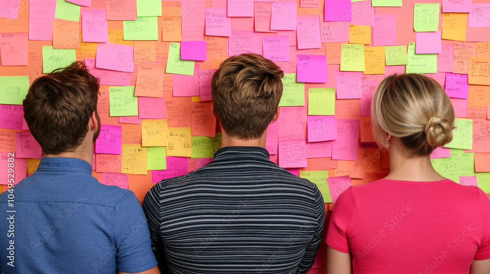 Poster brainstorming session: a team of three colleagues collaborate on a project, their backs turned to th
