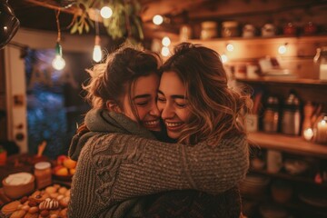 Obraz premium Happy Young Women Hugging and Smiling in Cozy Cabin Interior