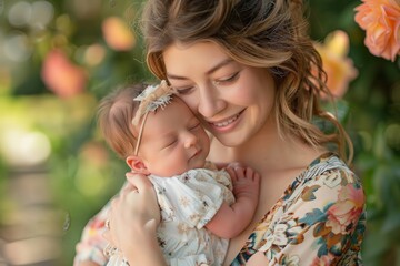 Obraz premium Happy Mother Holding Sleeping Baby Girl in a Garden