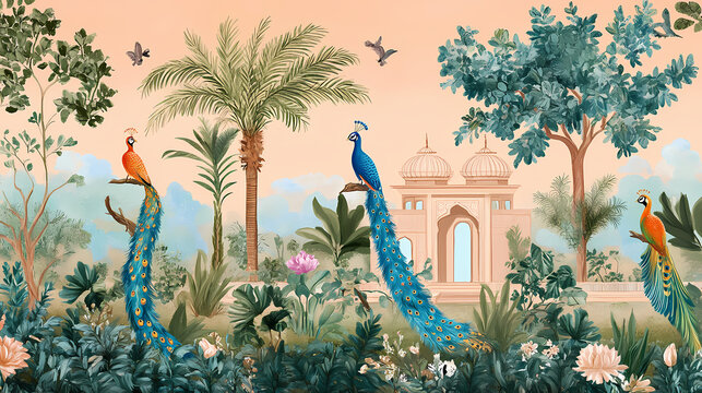 Illustration of a mughal garden with peacocks, parrots, plants, and trees, featuring a botanical landscape pattern. Mughal Garden. Illustration