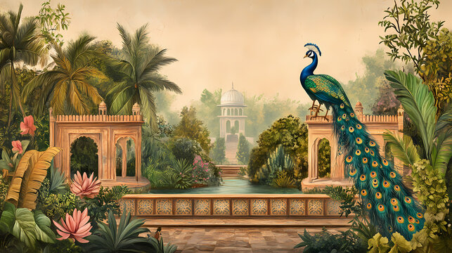 Illustration of a mughal garden with peacocks, parrots, plants, and trees, featuring a botanical landscape pattern. Mughal Garden. Illustration