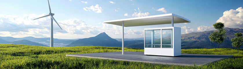 modern bus stop powered by wind energy, surrounded by nature