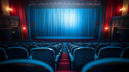 Scene of blue curtains highlighted with lights in an empty theater setting