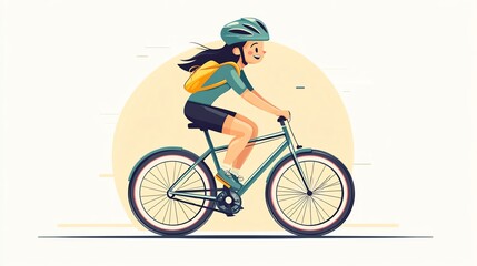 Fototapeta premium Illustration of a girl riding a bicycle, wearing a helmet and backpack, with a sunny backdrop.