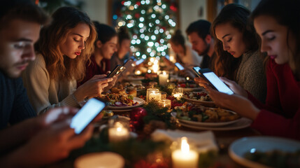 Friends and family distracted by phones at festive Christmas dinner, emphasizing modern disconnection and lack of social interaction. Image made using Generative AI.