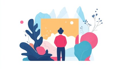 Fototapeta premium Person admiring abstract art in a vibrant landscape setting, colorful creative design.