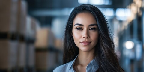 Naklejka premium Confident Young Woman in a Warehouse Setting with Natural Lighting